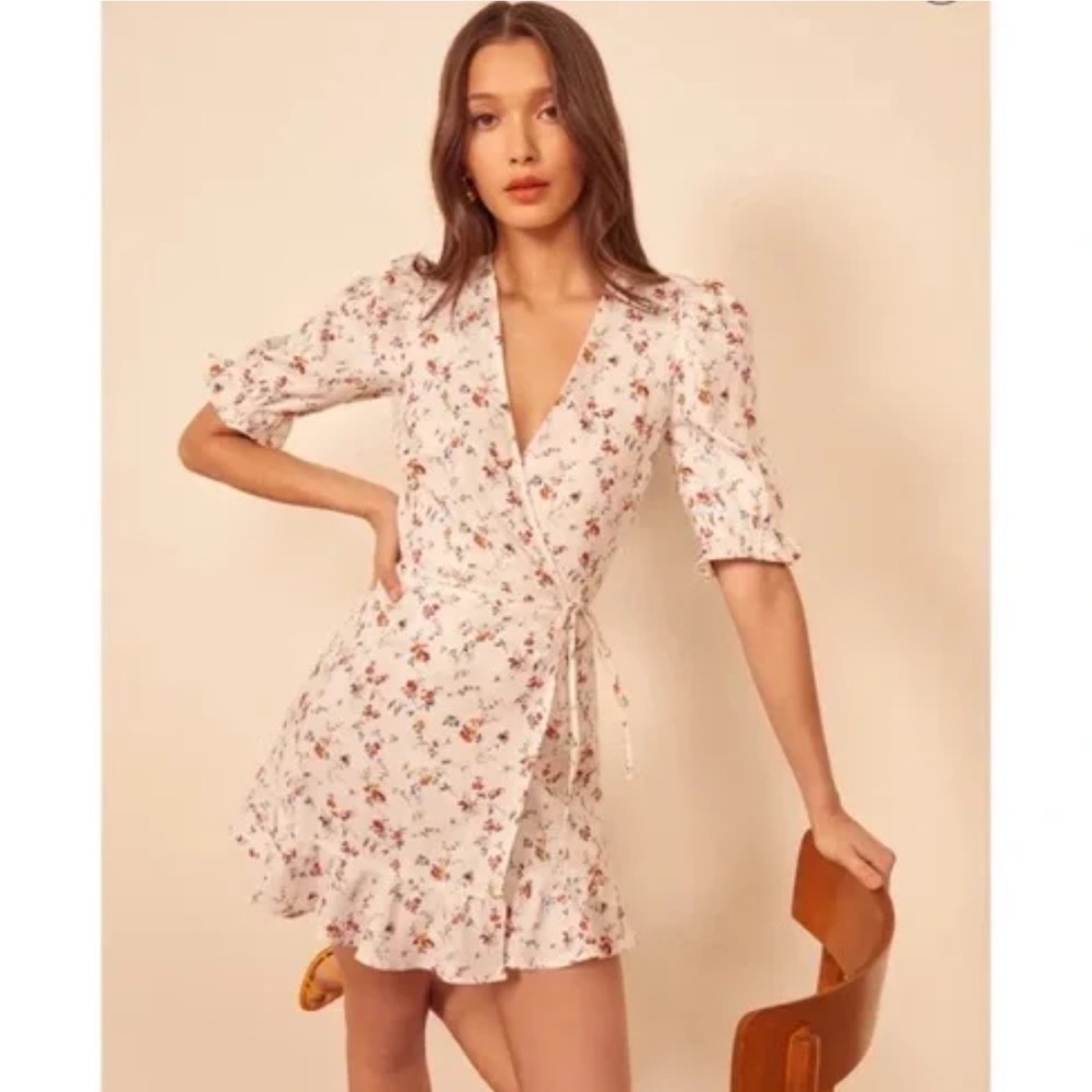REFORMATION Carmelo Floral Linen Wrap Tie Mini Dress